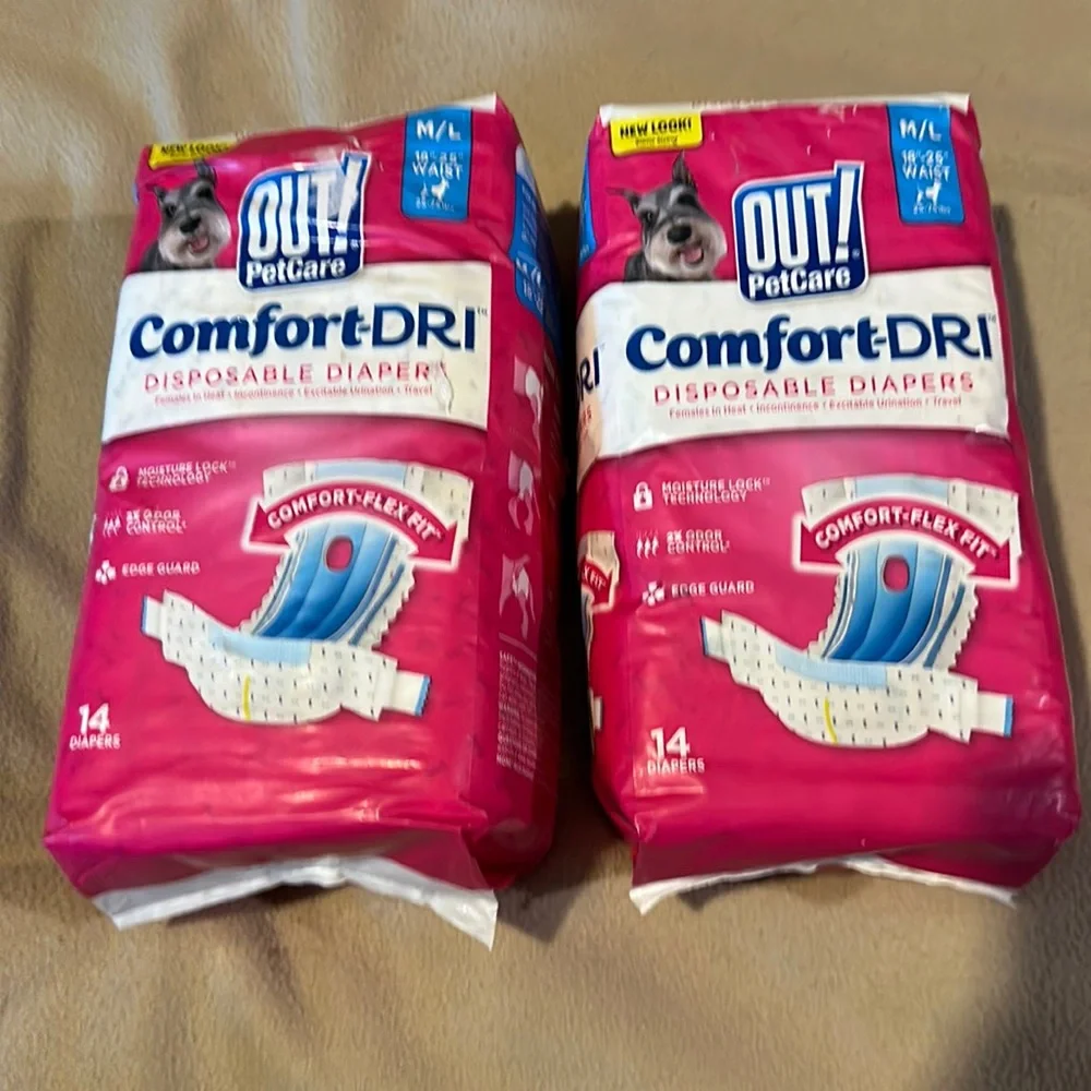 NWT 2 Packs of 14 female dog diapers from Out! Petcare- comfort-Dri Disposable